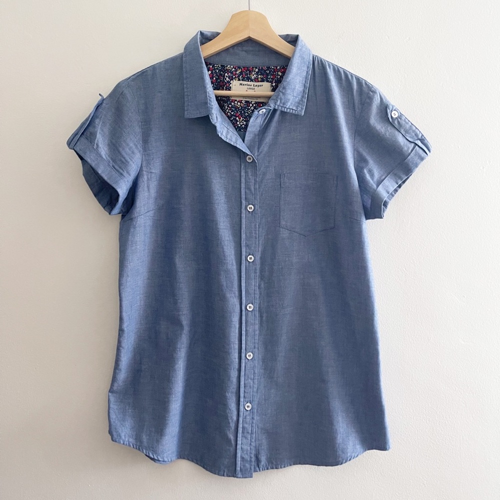 Marine Layer Blue Chambray Button Up Shirt, Size Large